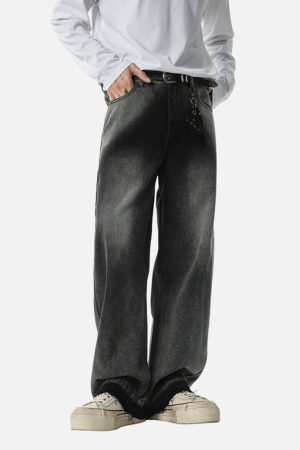 Concert Outfit Washed Raw Edge Straight Jeans