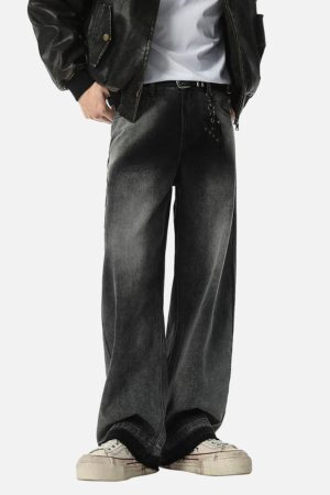 Concert Outfit Washed Raw Edge Straight Jeans