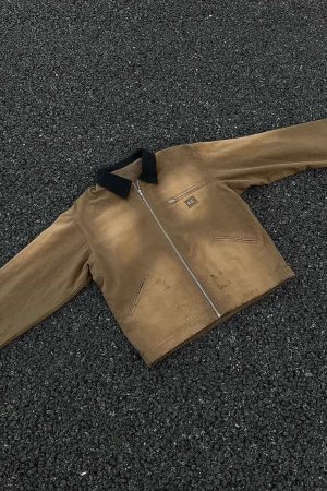 Concert Outfit Washed Ripped Gradient Zip Up Work Jacket