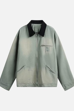 Concert Outfit Washed Ripped Gradient Zip Up Work Jacket