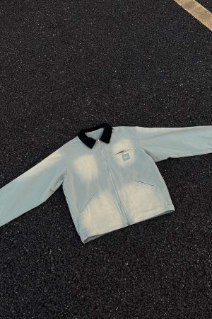 Concert Outfit Washed Ripped Gradient Zip Up Work Jacket