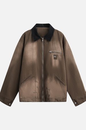 Concert Outfit Washed Ripped Gradient Zip Up Work Jacket