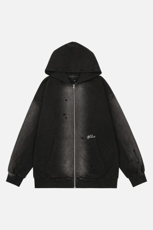 Concert Outfit Washed Ripped Zip Up Hoodie