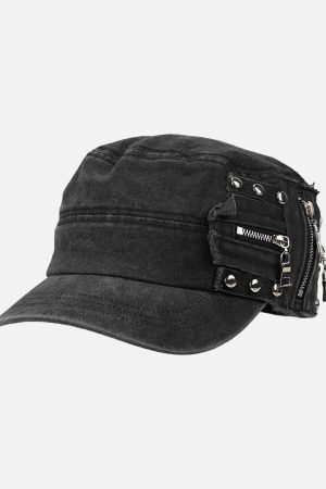 Concert Outfit Washed Rivet Zipper Flat Top Cap