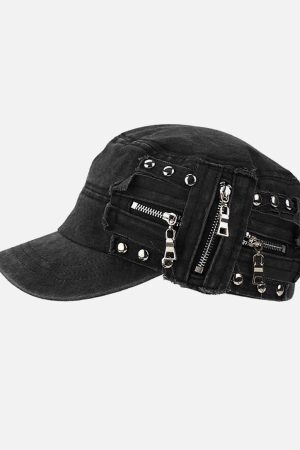 Concert Outfit Washed Rivet Zipper Flat Top Cap
