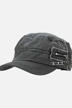 Concert Outfit Washed Rivet Zipper Flat Top Cap