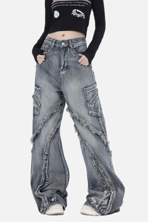 Concert Outfit Washed Side Pocket Raw Edge Baggy Jeans
