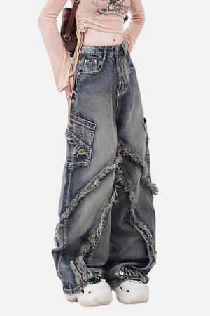 Concert Outfit Washed Side Pocket Raw Edge Baggy Jeans