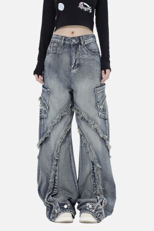 Concert Outfit Washed Side Pocket Raw Edge Baggy Jeans