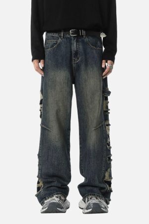 Concert Outfit Washed Side Ripped Straight Jeans