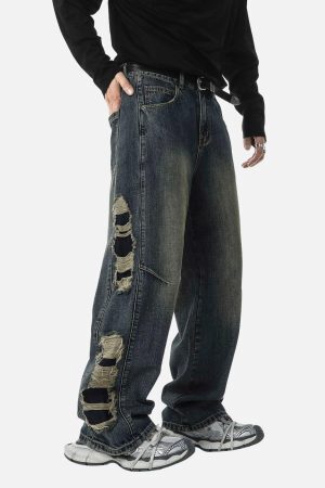 Concert Outfit Washed Side Ripped Straight Jeans