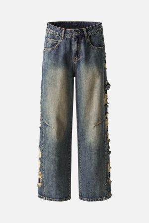 Concert Outfit Washed Side Ripped Straight Jeans