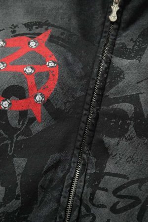 Concert Outfit Washed Star Print Full Zipper Hoodie