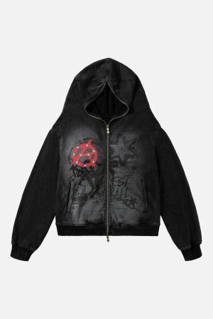 Concert Outfit Washed Star Print Full Zipper Hoodie