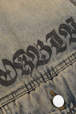 Concert Outfit Washed Vintage Letter Print Denim Jacket