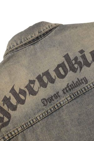 Concert Outfit Washed Vintage Letter Print Denim Jacket