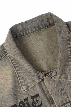 Concert Outfit Washed Vintage Letter Print Denim Jacket