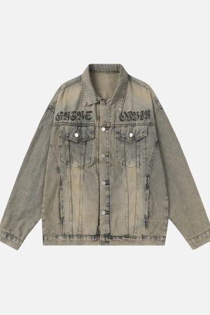 Concert Outfit Washed Vintage Letter Print Denim Jacket