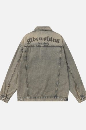 Concert Outfit Washed Vintage Letter Print Denim Jacket