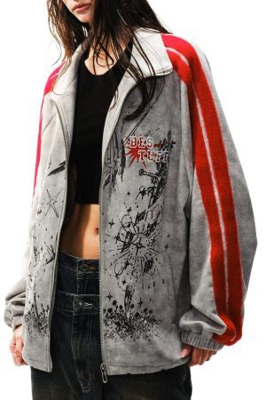 Concert Outfit Wasteland Patchwork Graffiti Zip Up Jacket