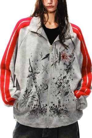 Concert Outfit Wasteland Patchwork Graffiti Zip Up Jacket