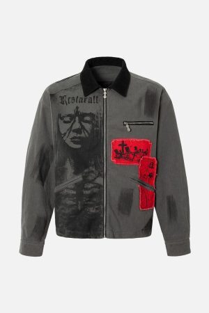 Concert Outfit Wasteland Style Portrait Print Patchwork Barn Jacket