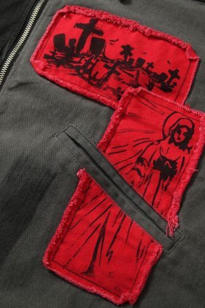 Concert Outfit Wasteland Style Portrait Print Patchwork Barn Jacket