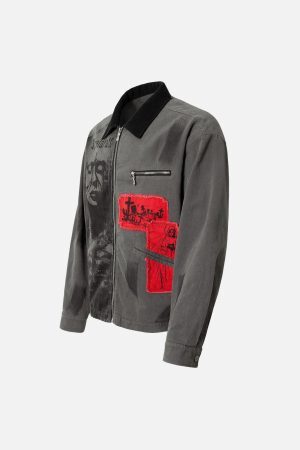 Concert Outfit Wasteland Style Portrait Print Patchwork Barn Jacket