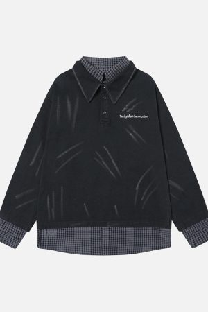 Concert Outfit Wasteland Style Retro Washed Faux Two-Piece Shirt