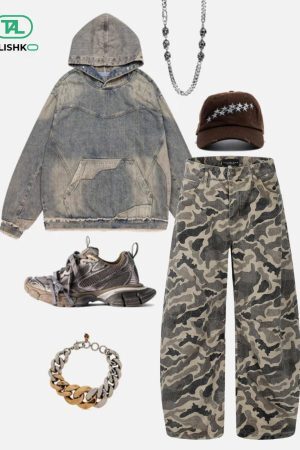 Concert Outfit Wrinkle Camouflage Loose Jeans