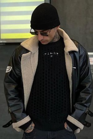 Concert Outfit Zipper Lapel PU Borg Jacket