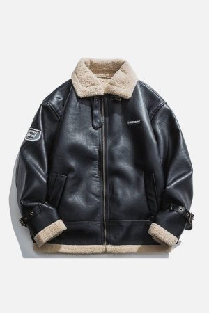 Concert Outfit Zipper Lapel PU Borg Jacket