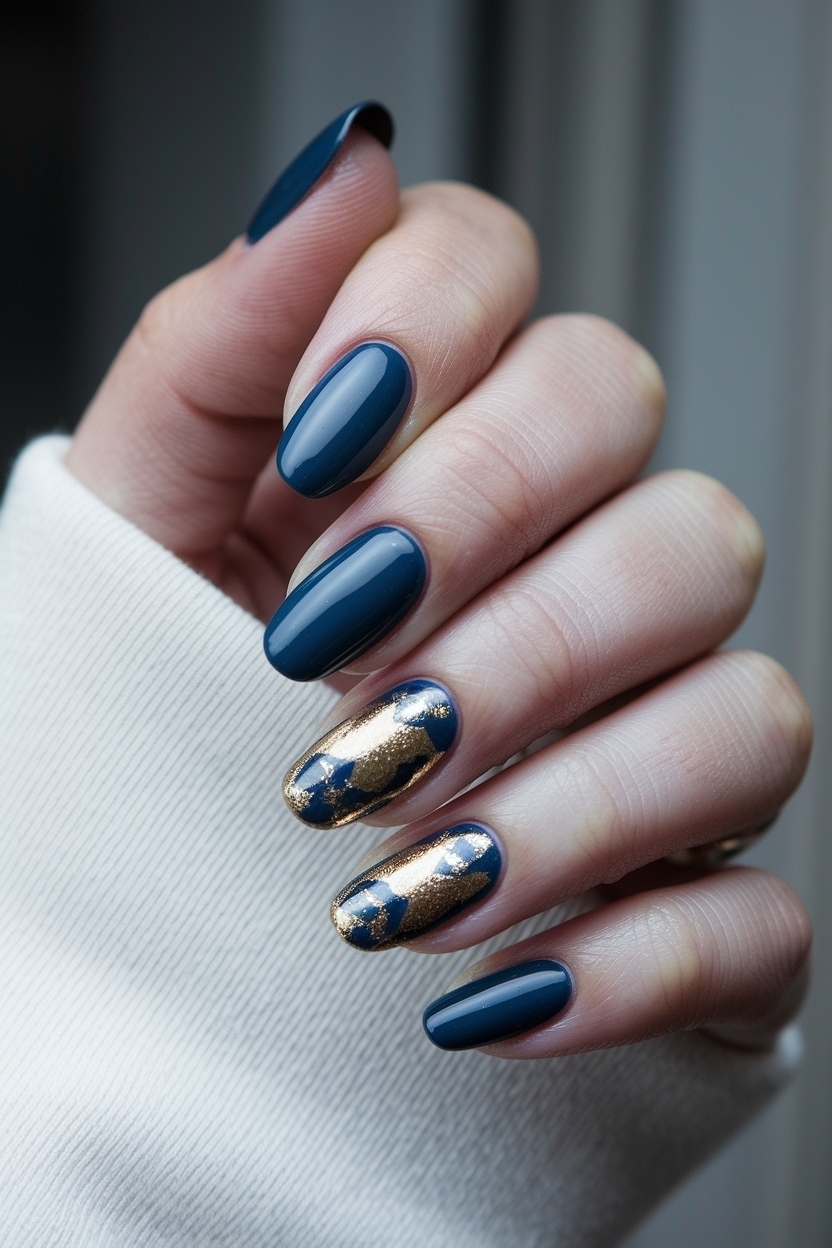 Dark Blue and Gold Nails: A Chic Nail Art Combination outfit idea