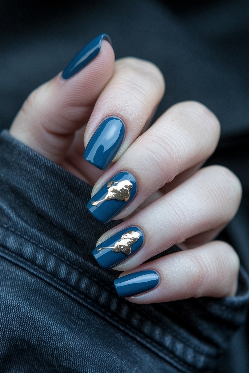 Dark Blue Nails with Gold for a Glamorous Touch outfit idea