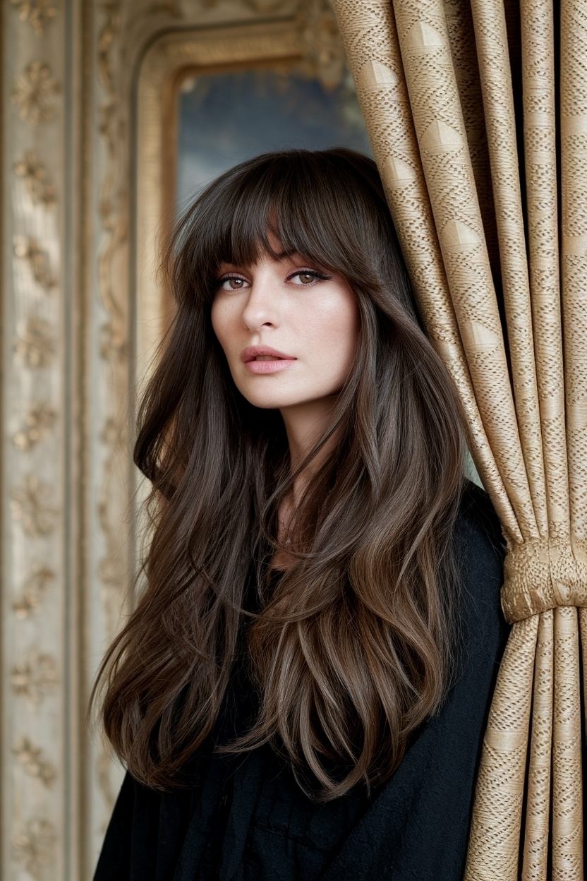 Dark Brown Hair Long Layers Curtain Bangs: A Modern Cut outfit idea