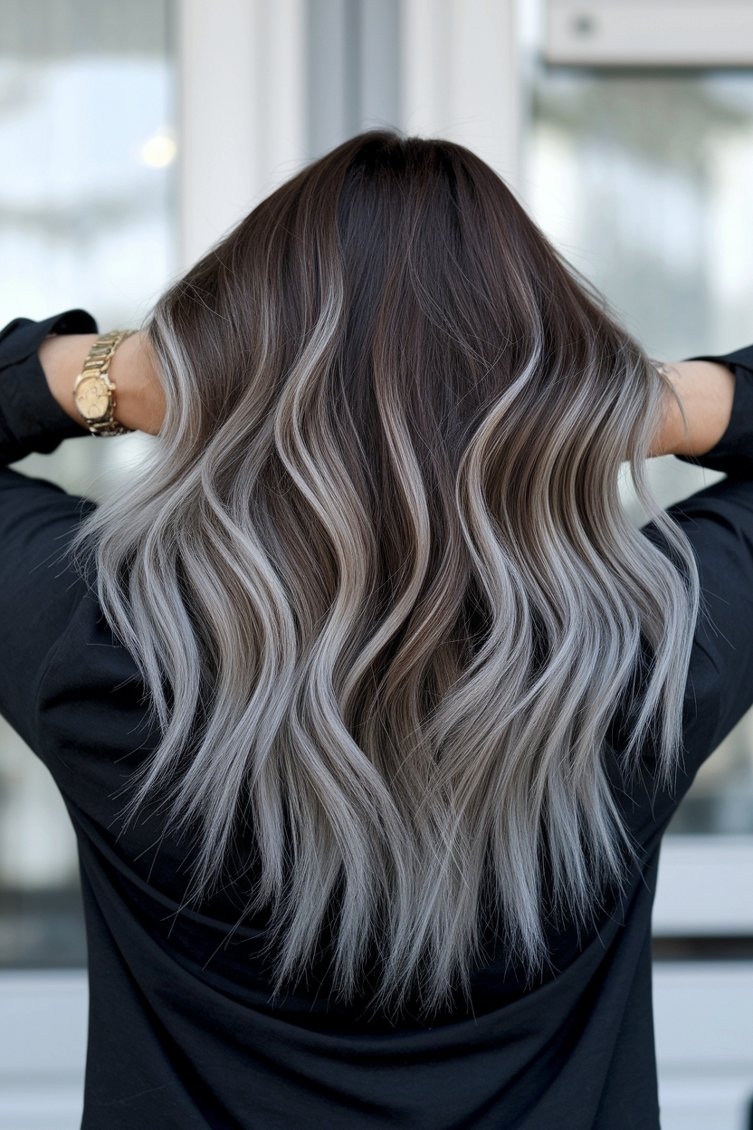 Chic Dark Brown Hair with Blonde Highlights Root Smudge outfit idea