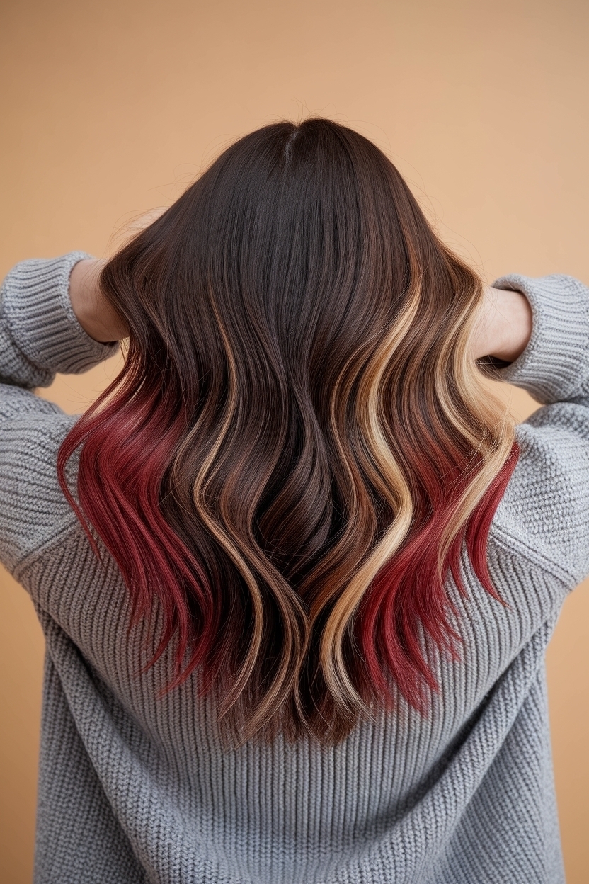 Dark Brown Hair with Red and Blonde Highlights Ideas outfit idea