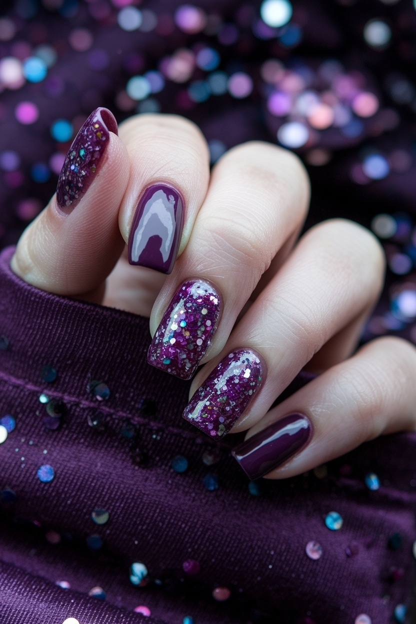 Sparkly Dark Purple Nails with Glitter for a Glam Look outfit idea