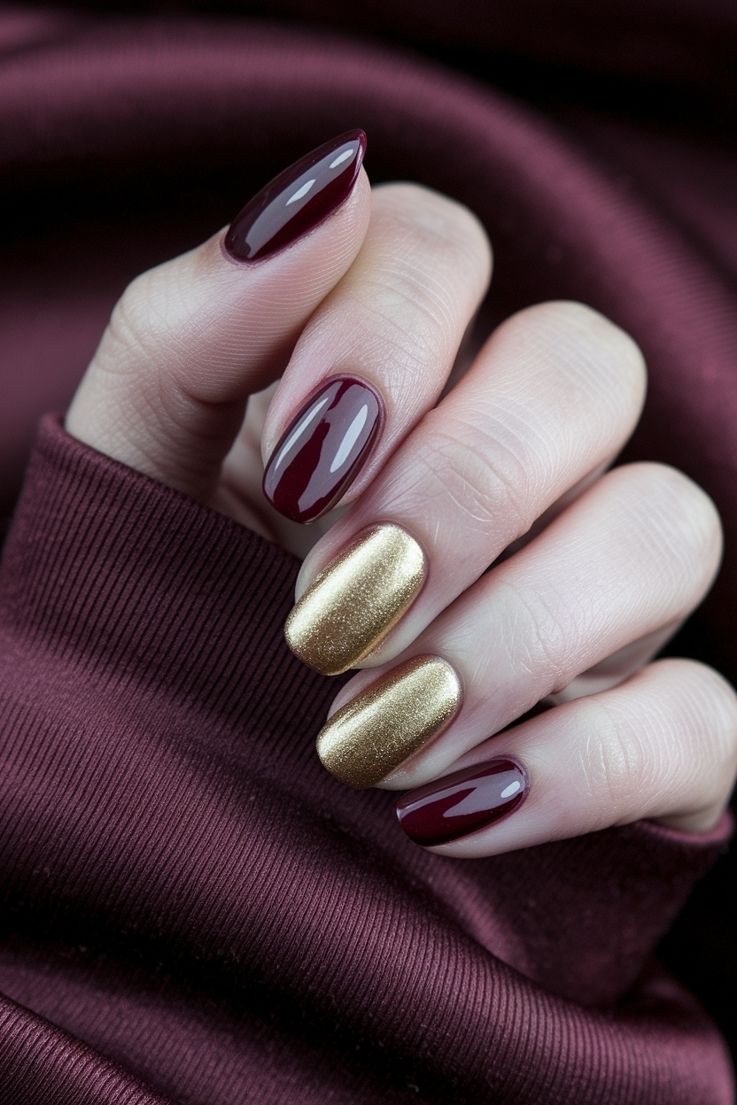 Elegant Dark Red and Gold Nails for a Night Out outfit idea