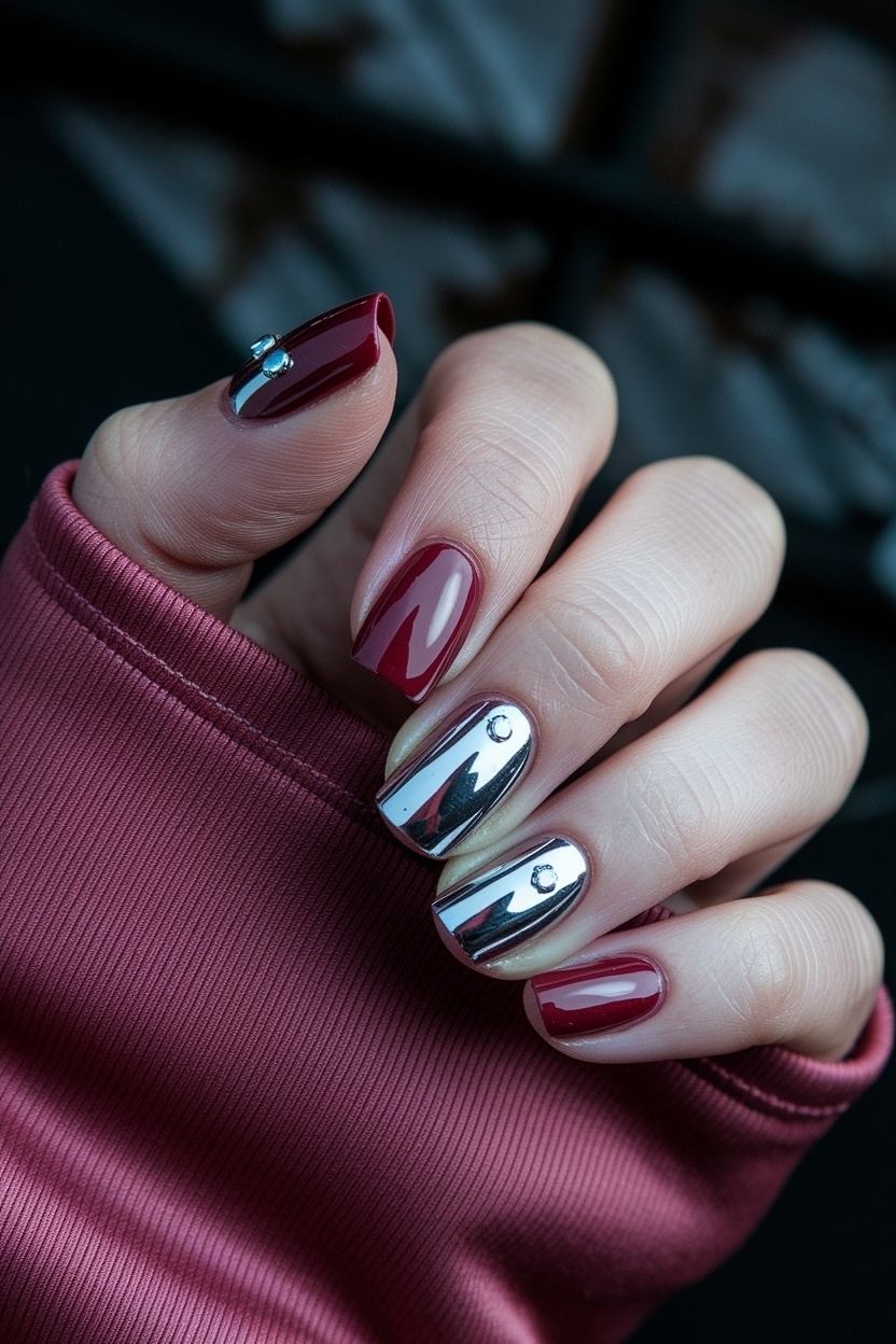Dark Red Nails with Chrome: Shine Bright This Season outfit idea
