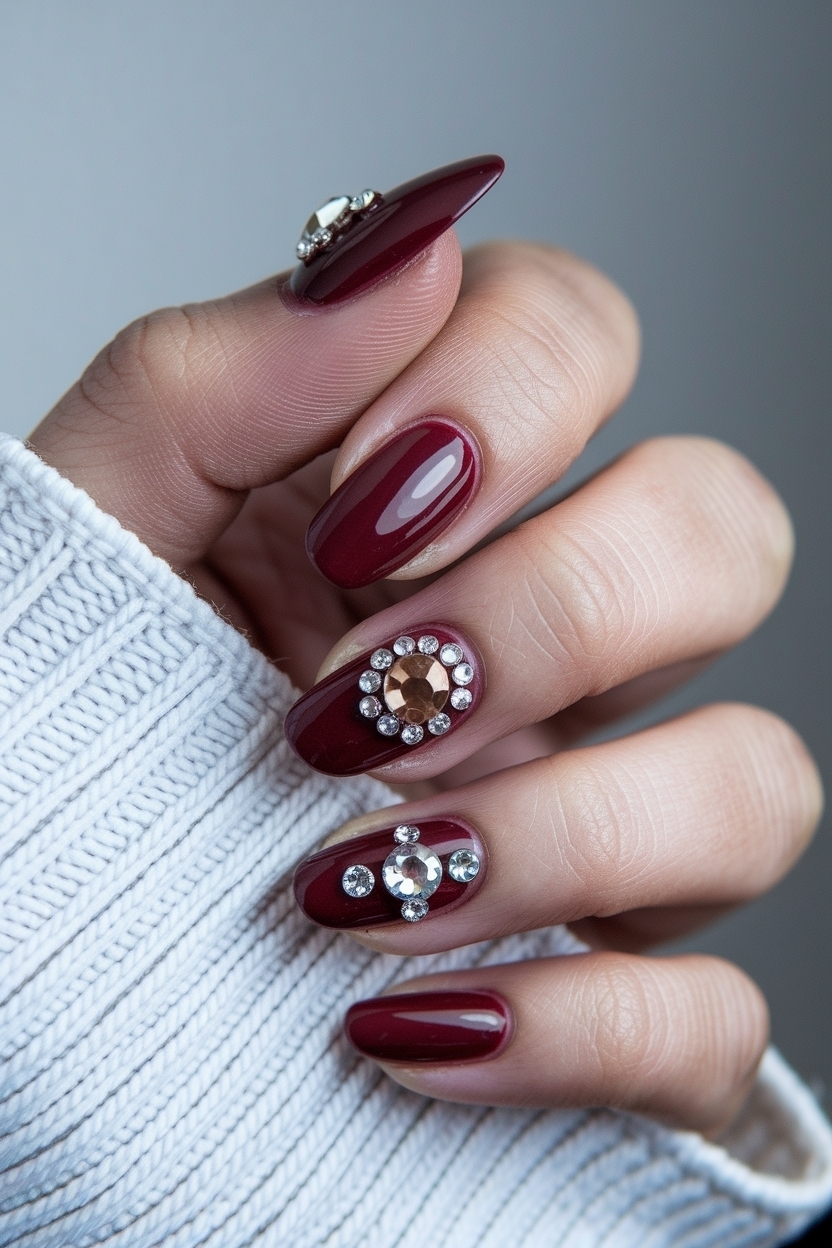 Dark Red Nails with Gems: Glam Up Your Look outfit idea