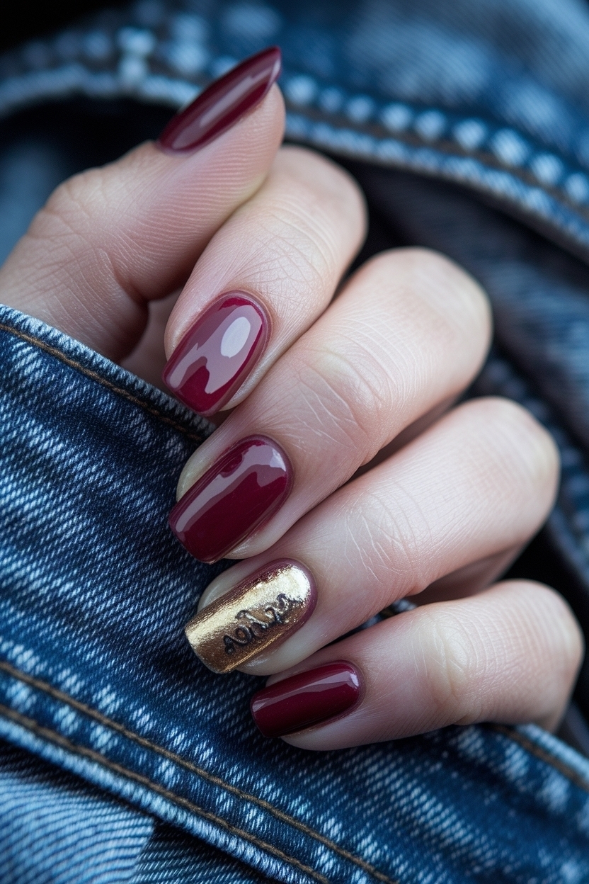 Dark Red Nails with Gold: A Luxurious Twist outfit idea