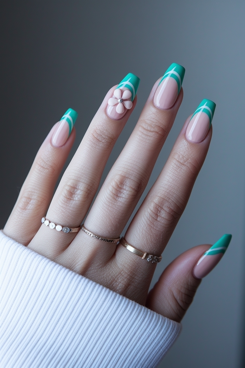 French Tip Acrylic Nails with Flower Designs for Spring outfit idea