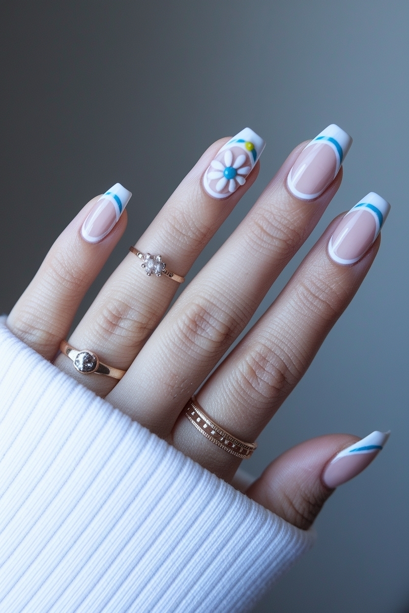 Creative French Tip Nails with Flower Design Ideas outfit idea