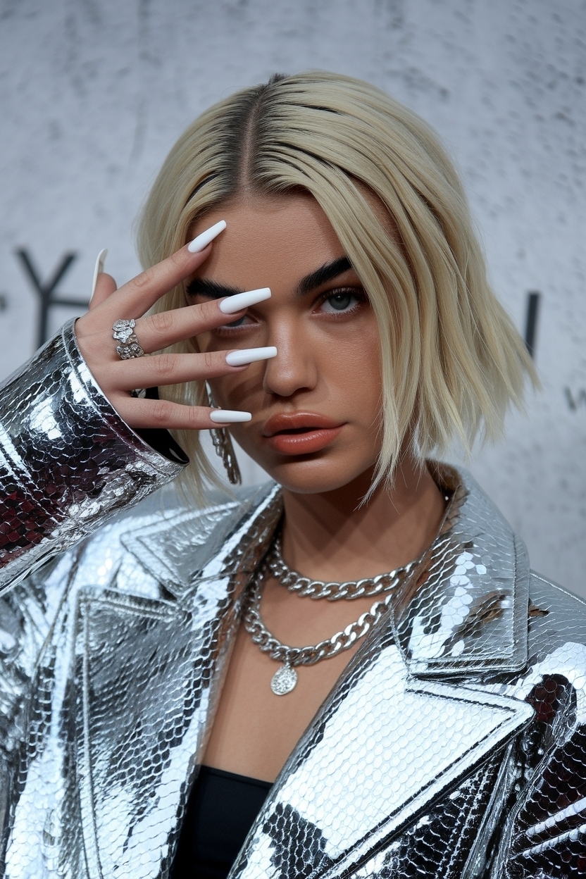Hailey Bieber Nails White Chrome: Get the Look outfit idea