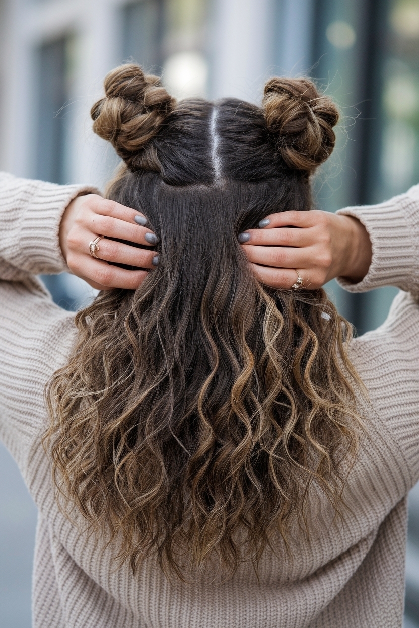 Creative Half Up Half Down Space Buns Curly Hair Styles outfit idea