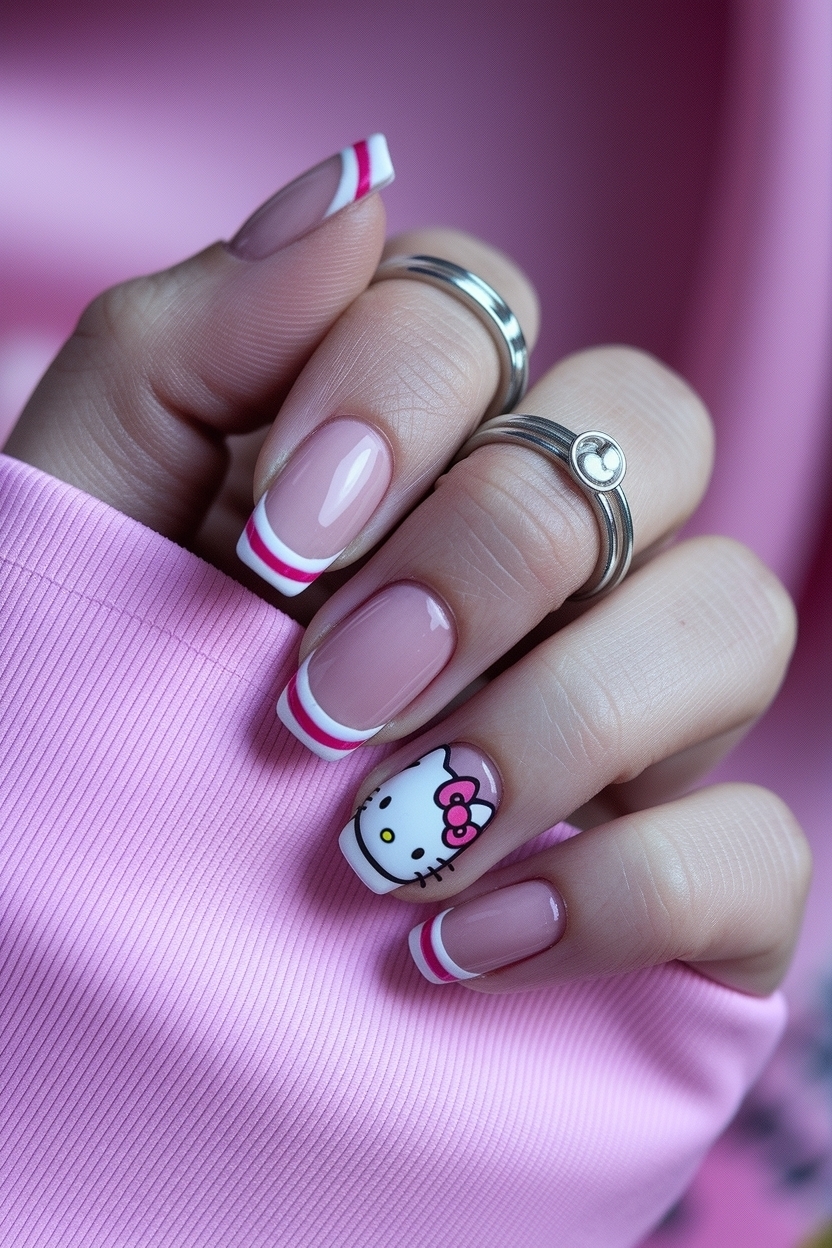 Adorable Hello Kitty French Tip Nails for Fans outfit idea