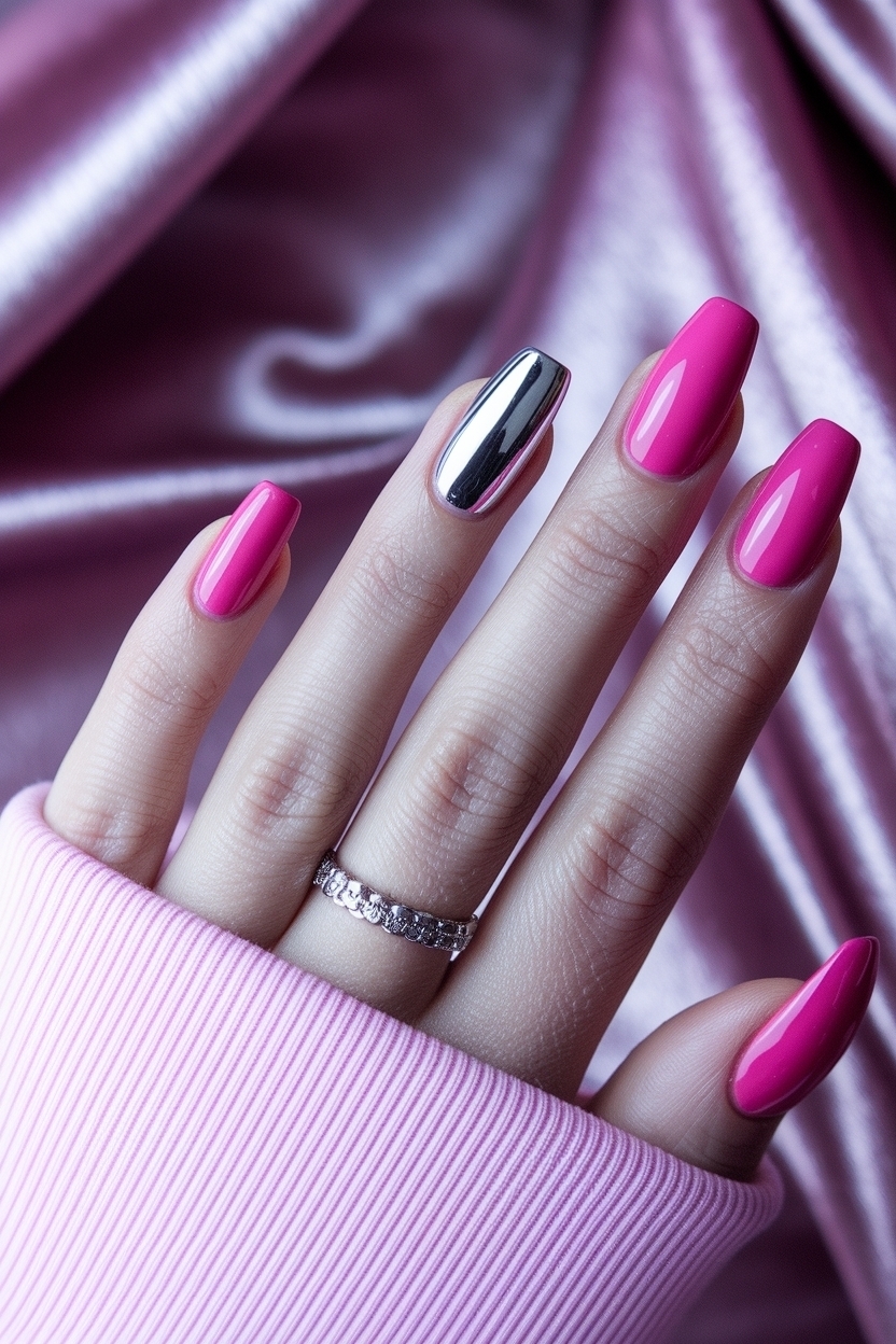 Hot Pink Nails with Chrome: Shine Bright This Season outfit idea