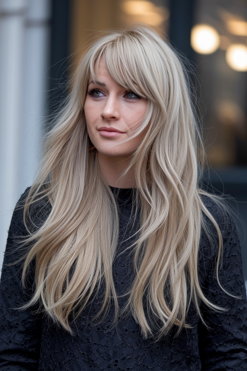 Layers and Curtain Bangs for Long Hair: Effortless Style outfit idea