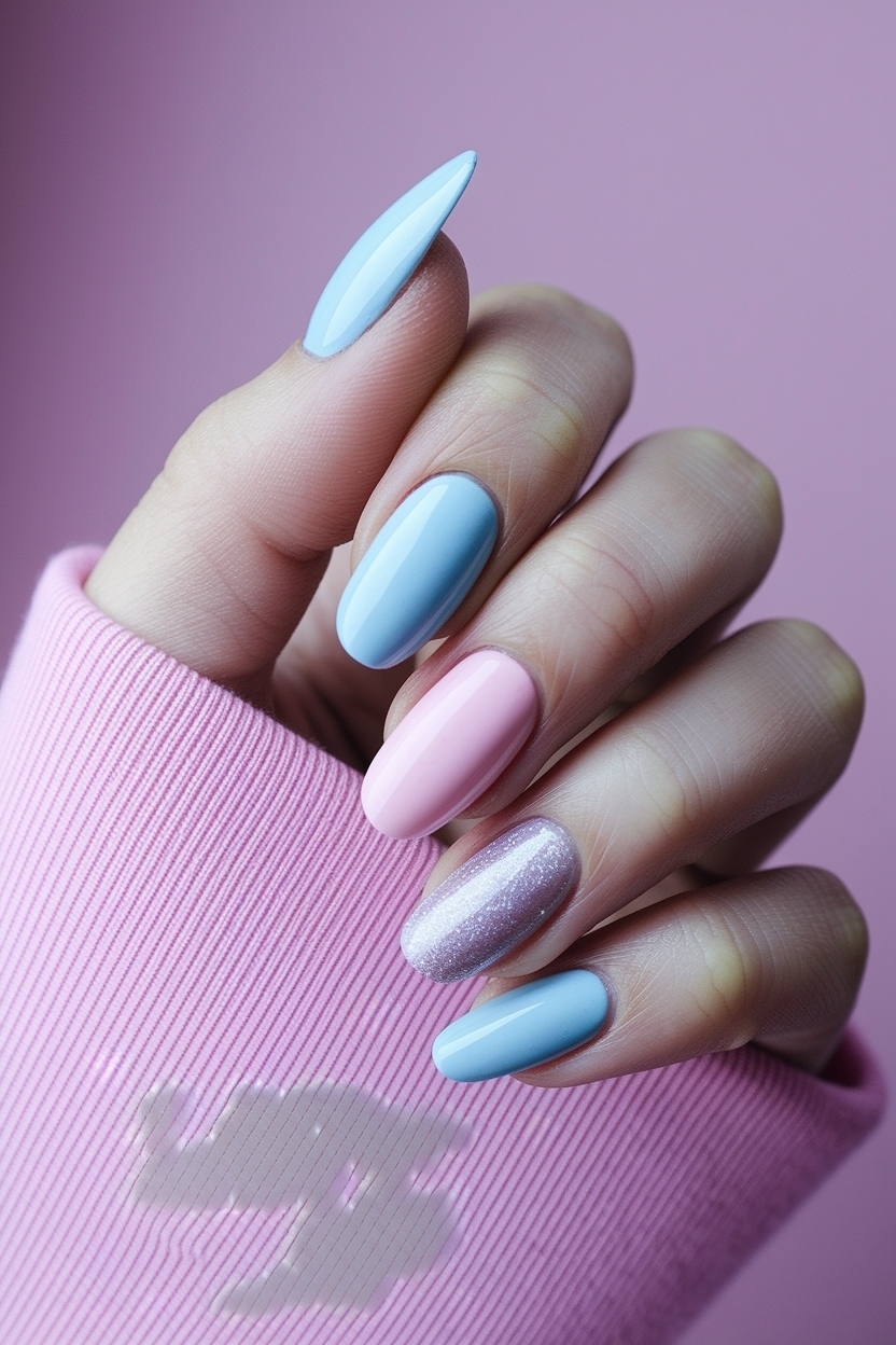 Playful Light Blue and Pink Nails for Summer outfit idea